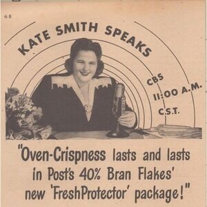 Posts 40 Percent Bran Flakes Cereal Celebrity Kate Smith Vintage Print Ad 1946